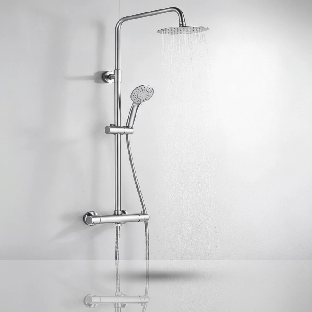 Chrome thermostatic rainfall shower system with handheld sprayer, dual outlets.