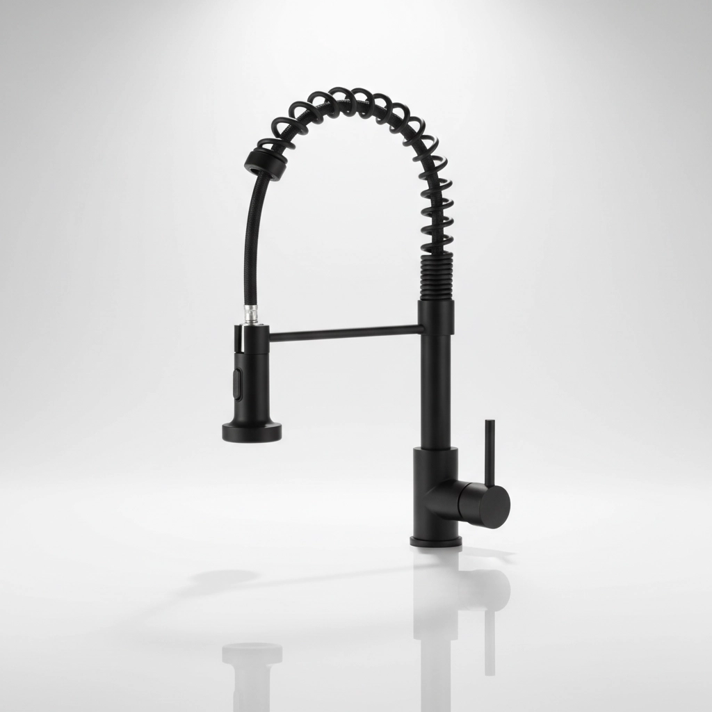 Matte black commercial spring pull-down kitchen faucet with dual spray modes and 360° swivel.