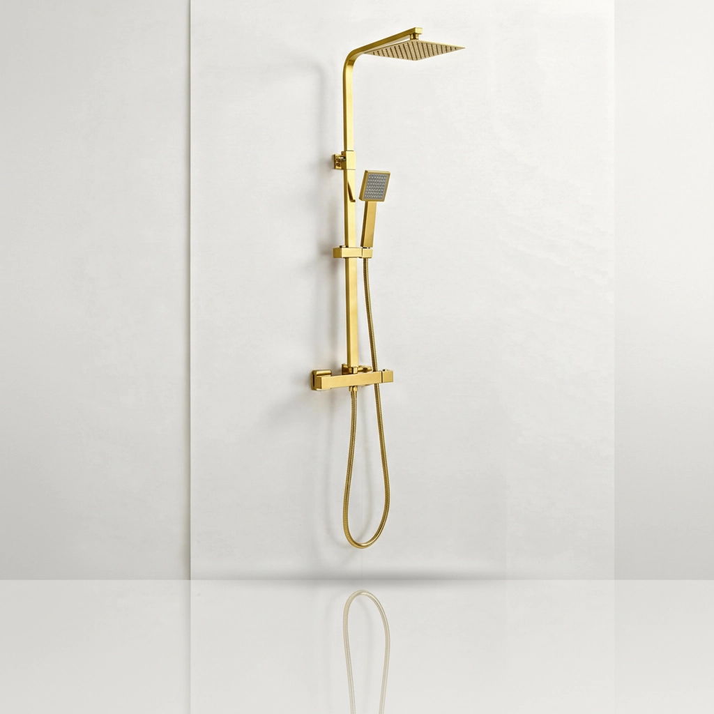 Brushed Gold Thermostatic Shower System with Square Rainfall Head and Handset